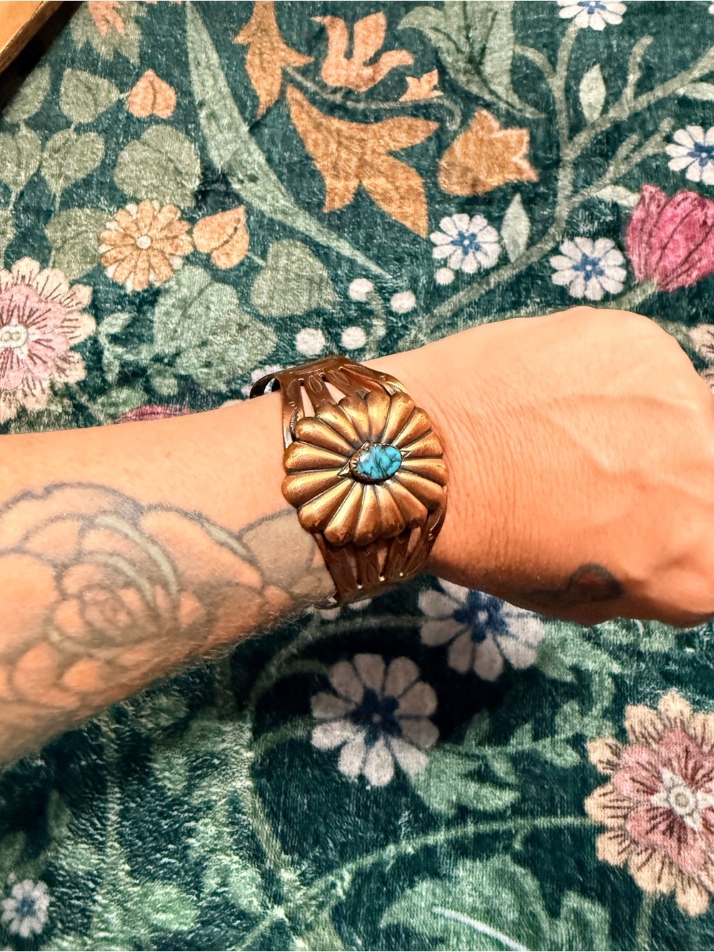 Vintage Bell Trading Post Solid Copper Flower Turquoise Cuff Bracelet
